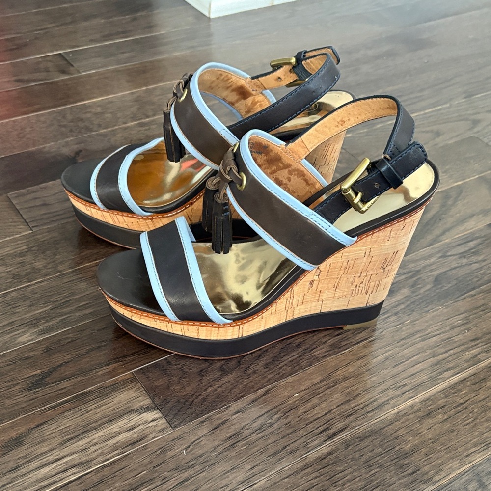 Coach Navy and Light Blue Wedge Sandals